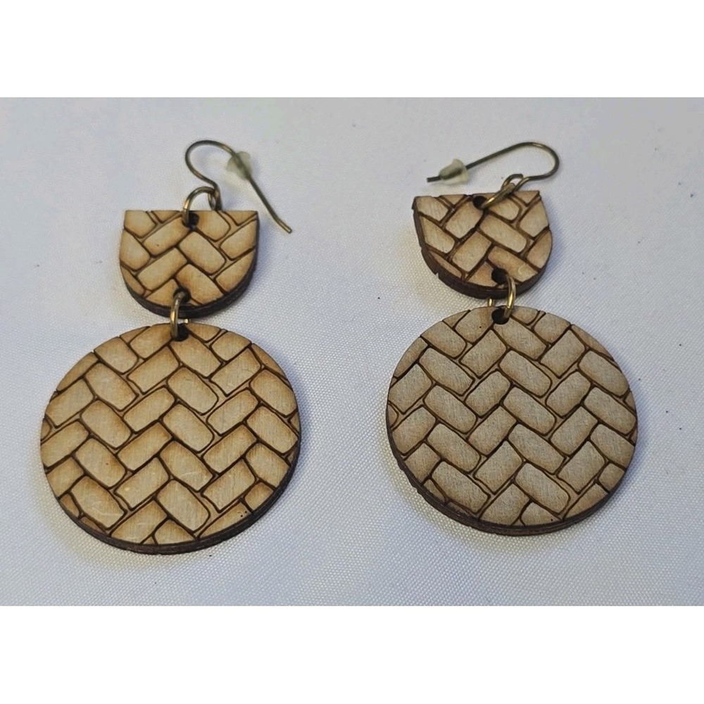 Wooden Dangle Earrings Laser-Engraved Herringbone Pattern Handmade